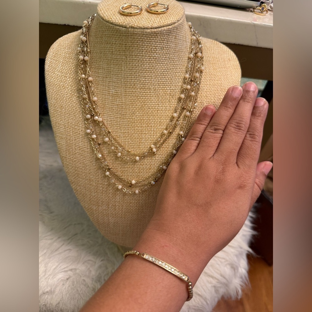 3 Piece Aldo gold beaded necklace, hoop earrings and beaded bracelet
